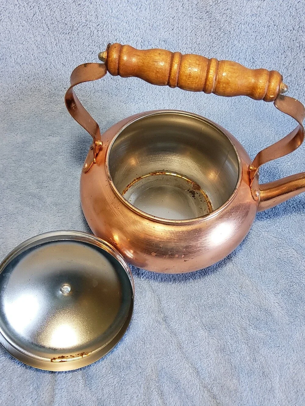 Vintage 1984 Copper Tea Kettle Taiwan FTDA Wood Handle Farmhouse Cottagecore